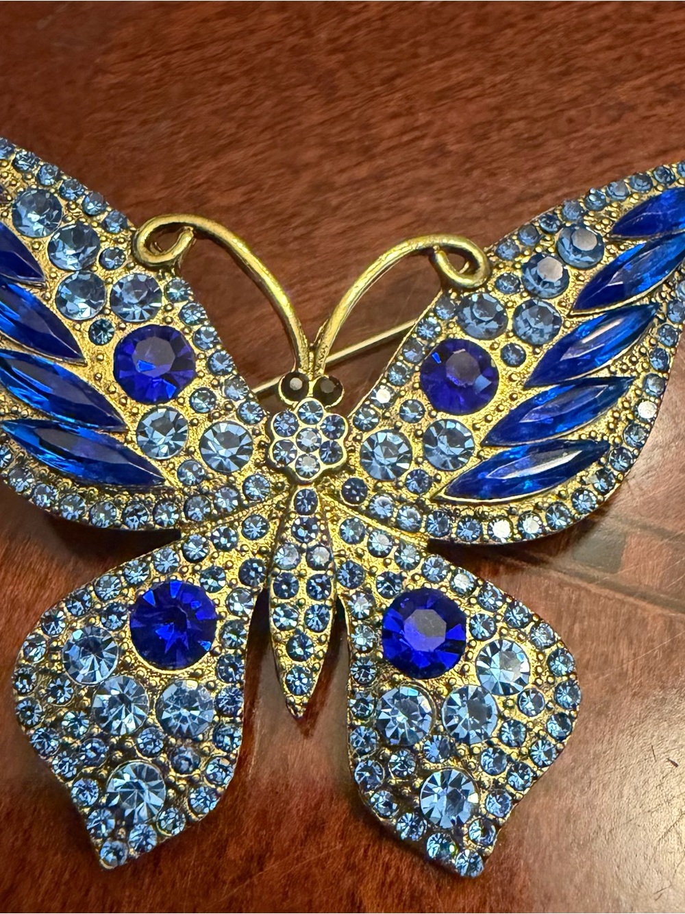 Blue Crystal Butterfly Brooch - Gold Tone